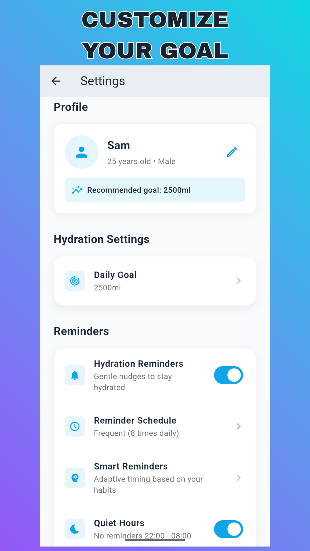 Settings Profile - Personalized hydration goals